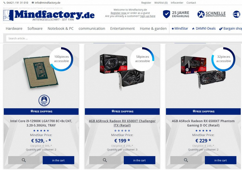 Крупнейший немецкий магазин Mindfactory продавал Radeon RX 6500 XT по цене ниже рекомендованной. Но недолго