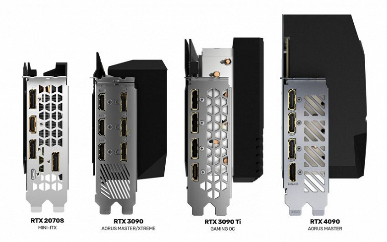 Sie zeigten deutlich, wie gigantisch die GeForce RTX 4090 Grafikkarten ausgefallen sind: Die Gigabyte Aorus Master Karte ist fünfmal größer als die RTX 2070 ITX