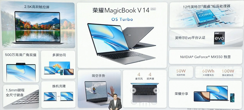 Сенсорный экран 2,5К, управление жестами в воздухе, процессоры Core i5-12500H и i7-12700H и GeForce MX550. Представлен Honor MagicBook V14 2022