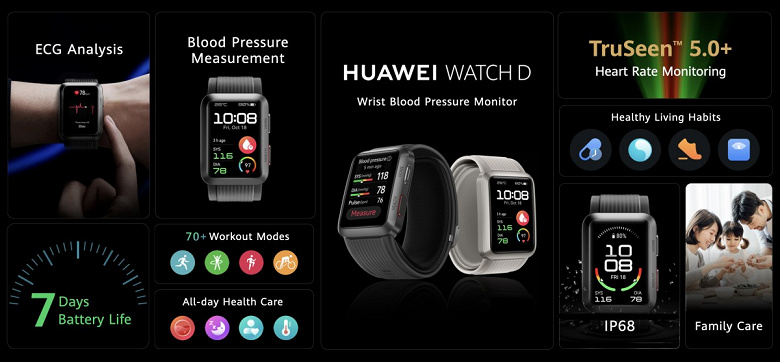 Лучшие по функциональности умные часы Huawei выходят в Европе 12 октября. Watch D оснащены тонометром, большим экраном AMOLD, защитой IP68, GPS, NFC и позволяют регистрировать ЭКГ