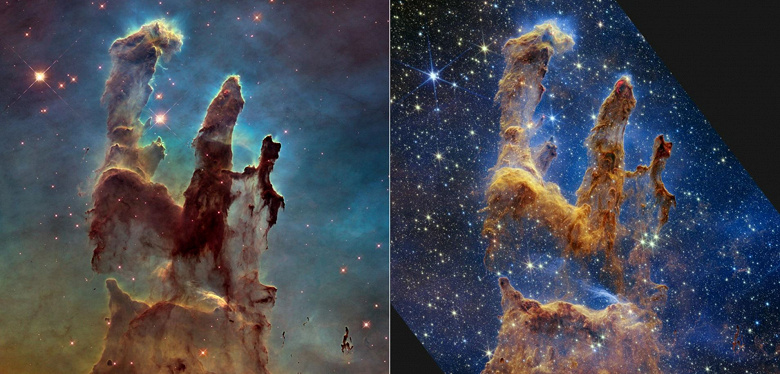 Космический телескоп «Джеймс Уэбб» сделал фото «Столпов Творения», находящихся на расстоянии в 7000 световых лет от Земли
