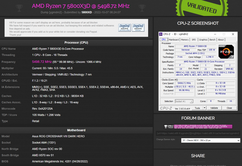Неразгоняемый процессор AMD Ryzen 7 5800X3D удалось разогнать до 5,5 ГГц