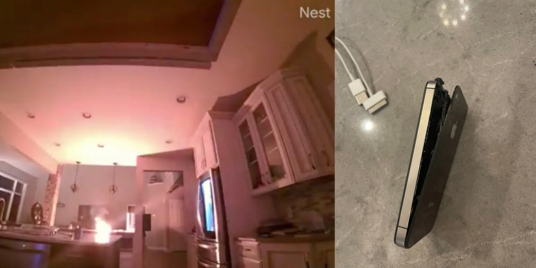 iPhone загорелся на кухне, процесс засняла камера наблюдения