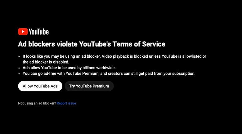 YouTube полностью запрещает просмотр видео при обнаружении блокировщиков рекламы