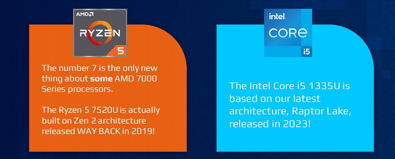 Intel обвиняет AMD в использовании старой архитектуры Zen 2 в новых процессорах, но при этом в своей презентации делает странное сравнение и даже лукавит
