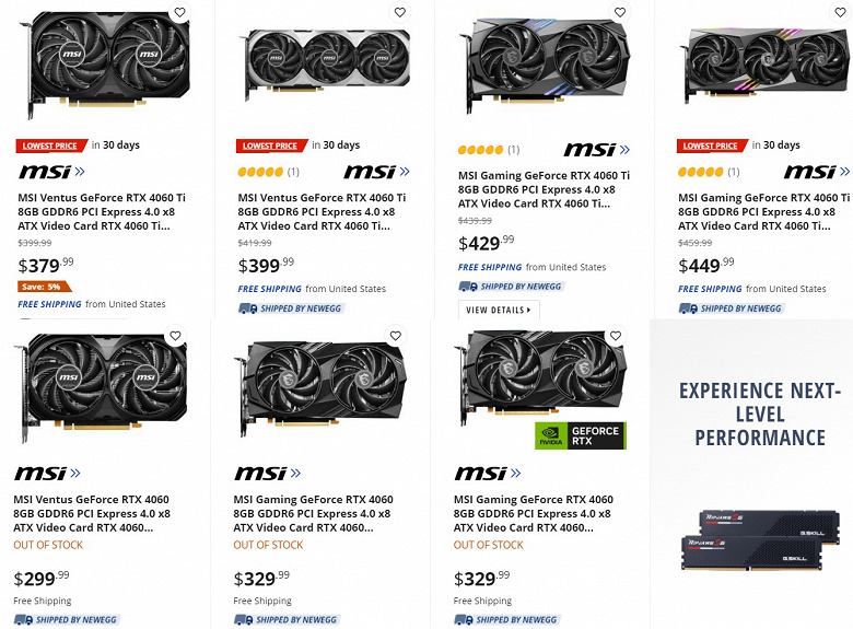 GeForce RTX 4060 будут доступны с первого дня по рекомендованной цене в 300 долларов. RTX 4060 Ti уже можно купить за 380 долларов