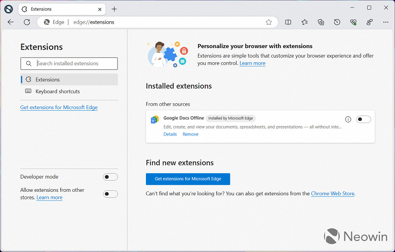 Microsoft Edge принудительно устанавливает расширение Google Docs Offline без разрешения пользователей. Как удалить