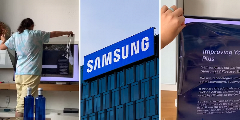 Женщина решила снять «защитную пленку» с экрана телевизора Samsung, а это была часть дисплея
