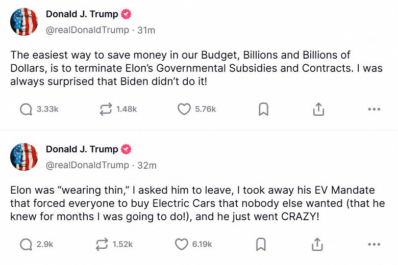 Трамп заявил, что Илон Маск сошел с ума, и сообщил о прекращении госконтрактов. Акции Tesla рухнули, Маск ответил выводом из эксплуатации корабля Dragon, который доставлял астронавтов на МКС