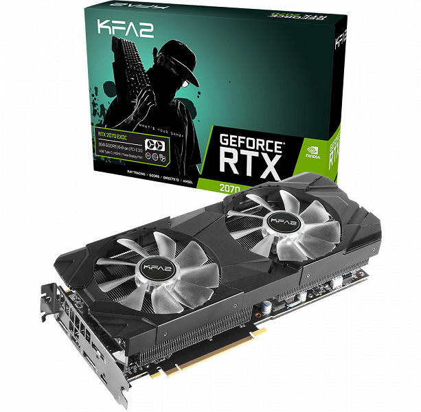 3D-карты KFA2 GeForce RTX 2070 EX и RTX 2070 EXOC оснащены системами охлаждения с двумя 100-миллиметровыми вентиляторами