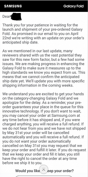 Инновации задерживаются. Samsung предупреждает об автоматической отмене предзаказов на складной Galaxy Fold 