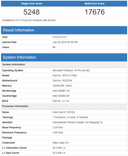 Процессор Intel Core i7-10510U (Comet Lake-U) разгромил AMD Ryzen 7 3750H в тесте Geekbench