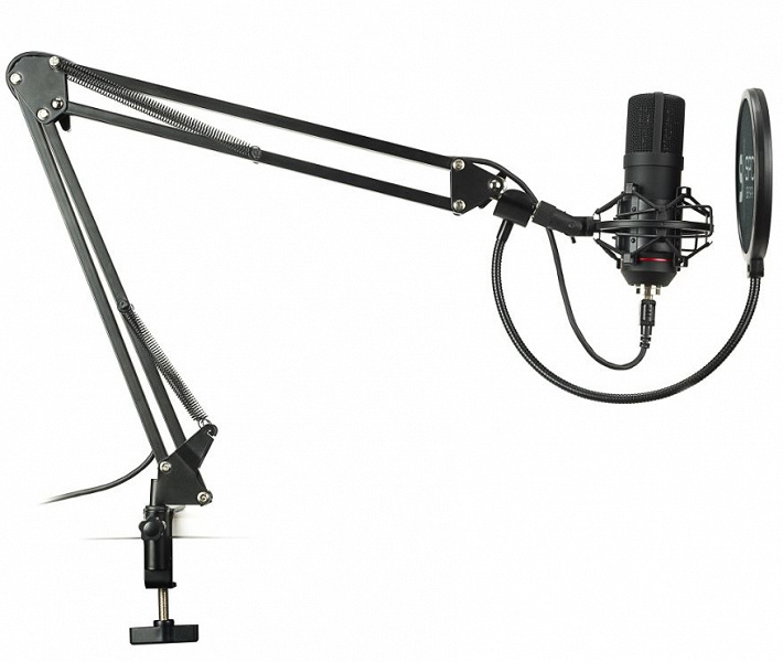 Микрофон SPC Gear SM900 комплектуется стойкой-пантографом, подвесом и поп-фильтром