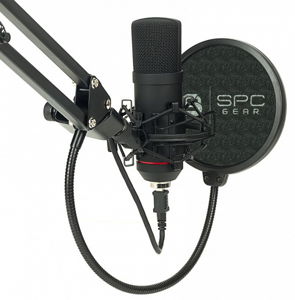 Микрофон SPC Gear SM900 комплектуется стойкой-пантографом, подвесом и поп-фильтром
