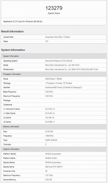GeForce RTX 3060 Ti не сильно уступила GeForce RTX 3070 в игровом бенчмарке