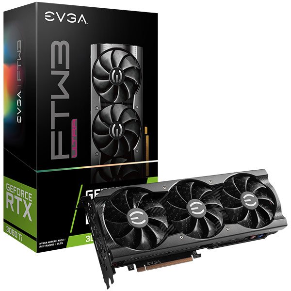 Видеокарта EVGA GeForce RTX 3060 Ti FTW3 оснащена системой охлаждения с тремя вентиляторами, а ее процессор разогнан до 1800 МГц