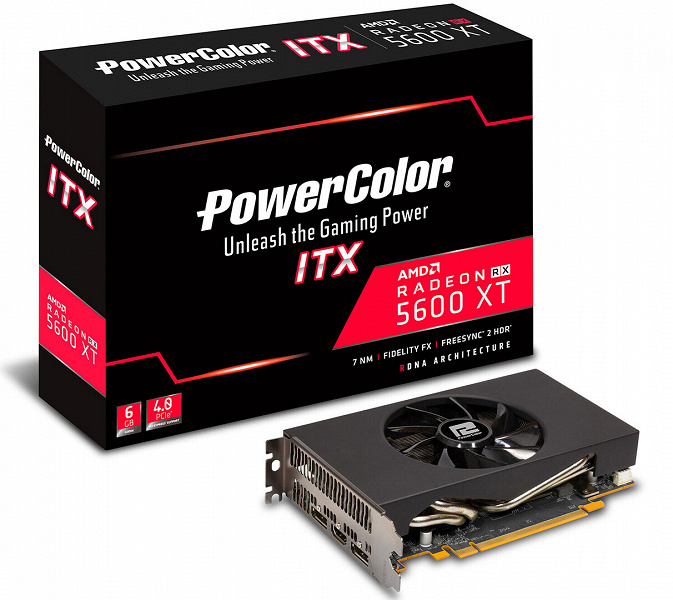 Конструкция системы охлаждения видеокарты PowerColor Radeon RX 5600 XT ITX включает четыре тепловые трубки