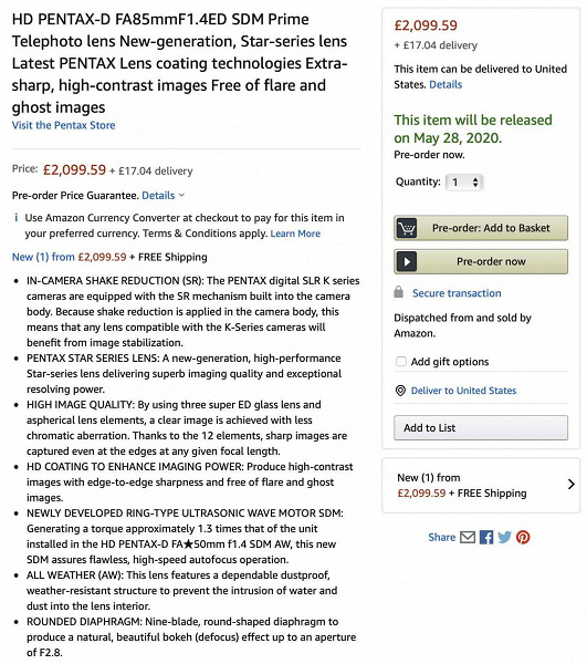 Сайт Amazon UK до срока рассказал все про объектив HD Pentax-D FA* 85mmF1.4ED SDM AW