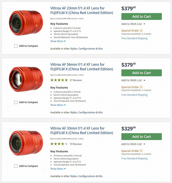 Объективы линейки Viltrox China Red Special Edition появились в магазинах B&H и Amazon