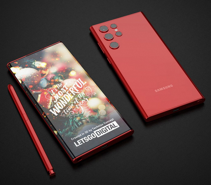 Samsung Galaxy S22 Ultra в красном позирует на качественных рендерах