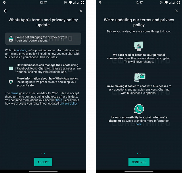 WhatsApp снова просит принять новые условия использования