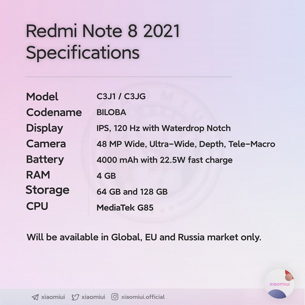 Специально для России и Европы. Redmi готовит обновлённый Redmi Note 8 — на платформе MediaTek Helio G85 и с MIUI 12.5 из коробки