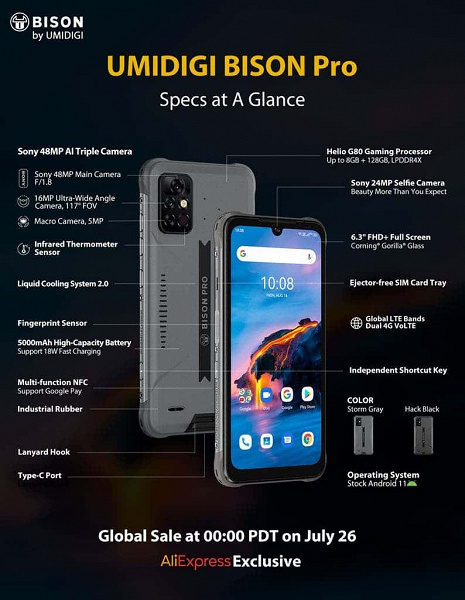 Неубиваемый смартфон с IP69K и инфракрасным термометром Umidigi Bison Pro для первых покупателей обойдётся вдвое дешевле
