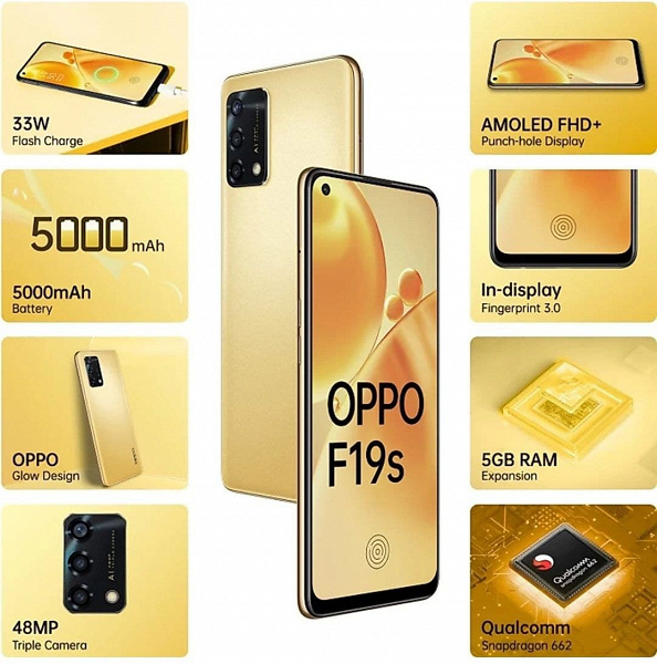 5000 mAh, AMOLED screen, 48 MP, 33 W.  Oppo F19s smartphone presented