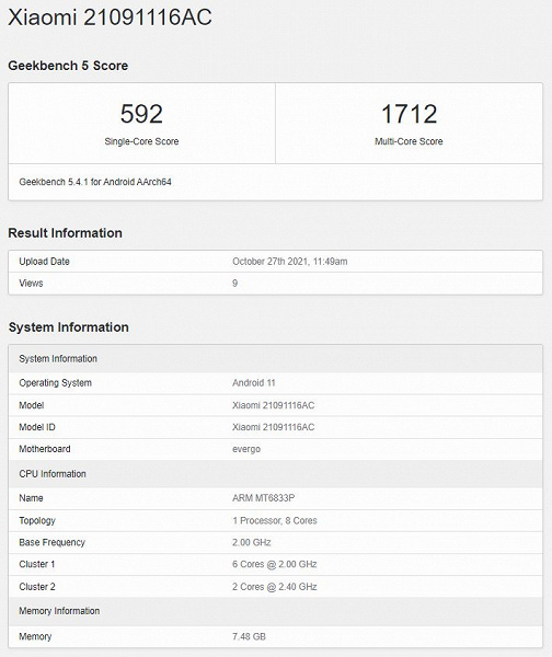 Redmi Note 11 tested on Geekbench.  It is twice as slow as flagships