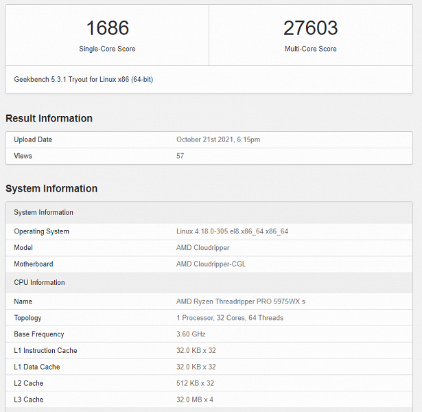 32 cores, 8-channel RAM controller and incredible performance.  Threadripper Pro 5975WX lights up for the first time in the test