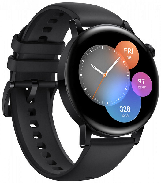 Round AMOLED screen, over 100 training modes, heart rate and SpO2 sensors, GPS, waterproof and up to 14 days of battery life.  Presented smartwatch Huawei Watch GT3