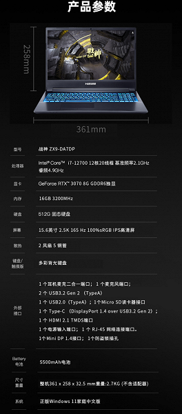 15-дюймовый ноутбук с настольным 12-ядерным процессором Intel Core i7-12700, графикой GeForce RTX 3070 и массой всего 2,7 кг за 1650 долларов. В Китае стартуют продажи Hasee ZX9