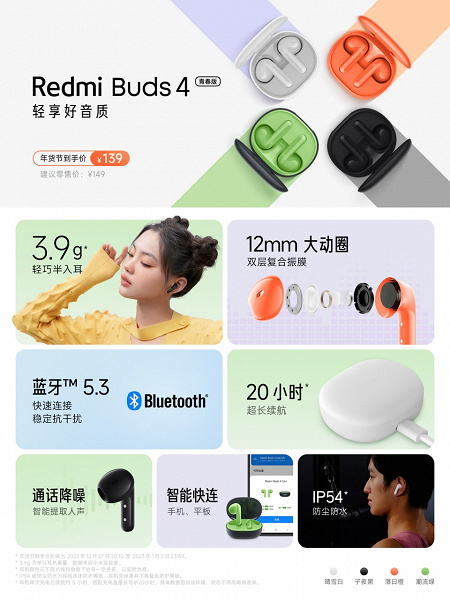 12-миллиметровые динамики, Bluetooth 5.3, 25 часов автономности, IP54 за $20. Представлены беспроводные наушники Redmi Buds 4 Lite