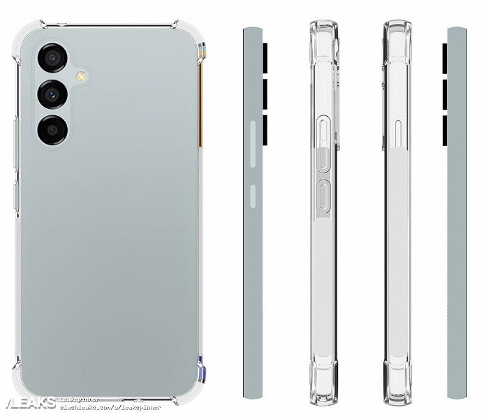 Изображения Samsung Galaxy A54 в чехле демонстрирует знакомый дизайн камеры и, почему-то, дисплей Infinity-V