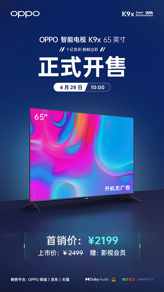 65 дюймов, 4К, 20 Вт звука и никакой рекламы — за 330 долларов. В Китае стартовали продажи телевизора Oppo K9x