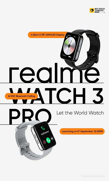 Экран AMOLED 1,78 дюйма, IPX8, GPS, датчики ЧСС и SpO2, до 10 дней автономной работы. Характеристики умных часов Realme Watch 3 Pro, премьера которых состоится 6 сентября
