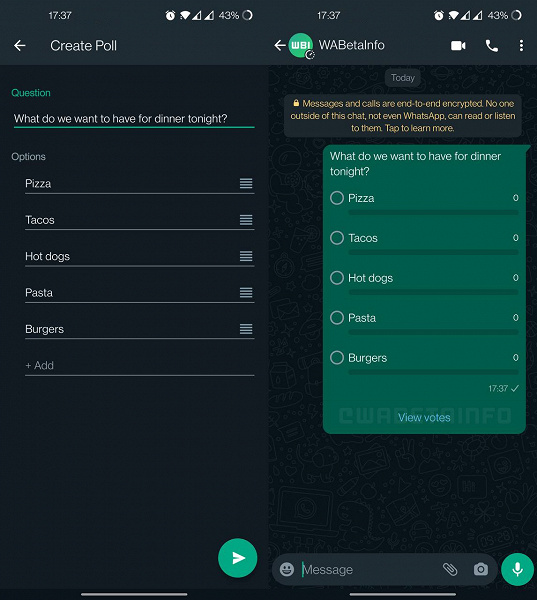 В бета-версии WhatsApp обнаружена новая функция: возможность проведения опроса в личных чатах