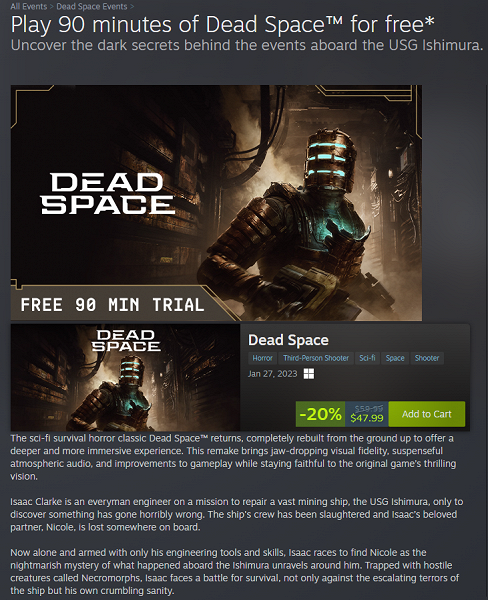 В Steam появилась услуга пробных версий игр с возможностью играть полтора часа без других ограничений. Первой игрой стала Dead Space