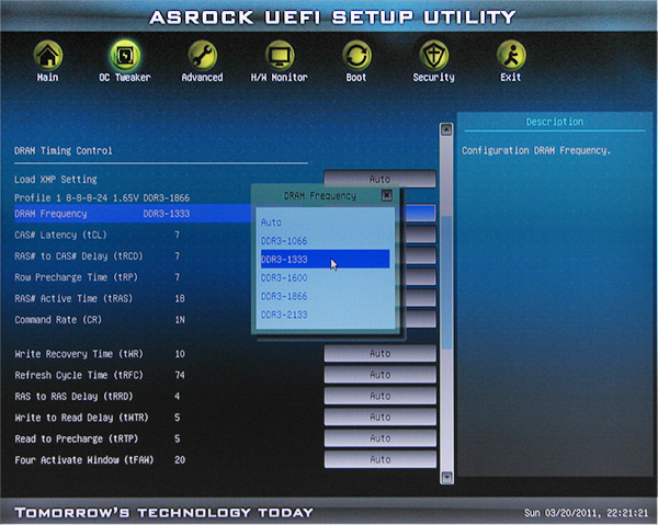 Скриншот UEFI BIOS на плате ASRock P67 Pro3