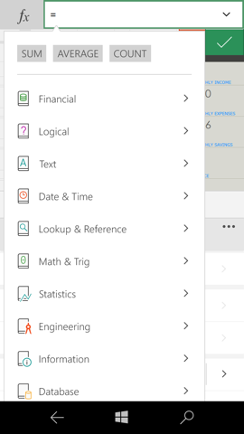 Предварительный обзор Windows 10 Mobile. Скриншоты. Excel