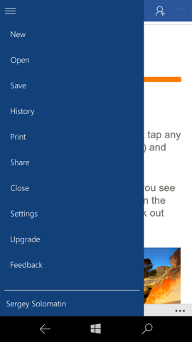 Предварительный обзор Windows 10 Mobile. Скриншоты. Word
