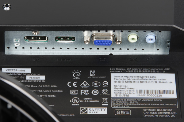 ЖК-монитор ViewSonic VX2757-mhd, разъемы