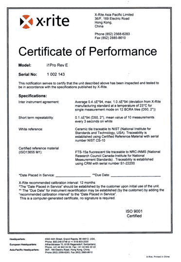 Комплект X-Rite i1Publish Pro 2, сертификат соответствия