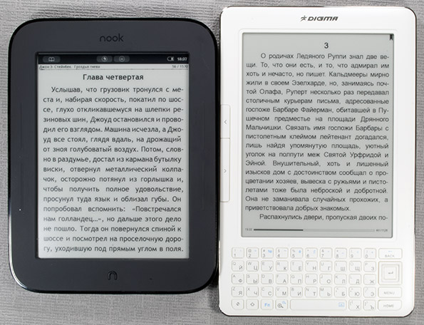 Сравнение экранов электронных книг Digma s602 с экраном Pearl HD и Nook Simple Touch с экраном E-Ink Pearl