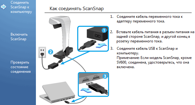 Сканер Fujitsu ScanSnap SV600, установка ПО