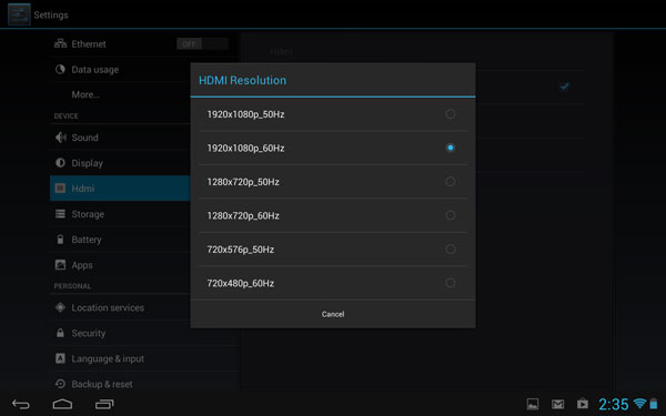 Скриншот настроек HDMI планшете iconBIT NetTAB Thor
