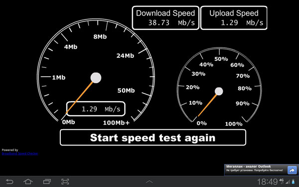 Тестирование скорости интернет-соединения 4G на планшете Samsung Galaxy Tab 8.9 LTE