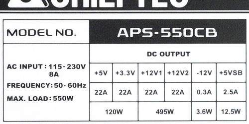 Характеристики блока питания Chieftec APS-550CB