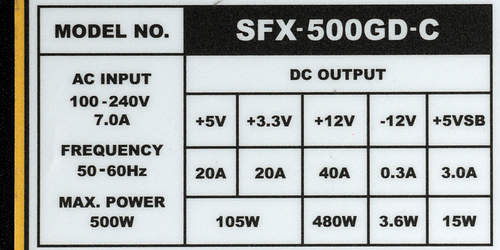 Характеристики блока питания Chieftec SFX-500GD-C