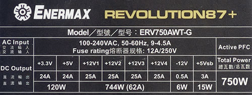 Характеристики блока питания Enermax Revolution87+ 750W (ERV750AWT-G)
